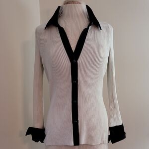 White House Black Market Black and White Ribbed Button Down Shirt